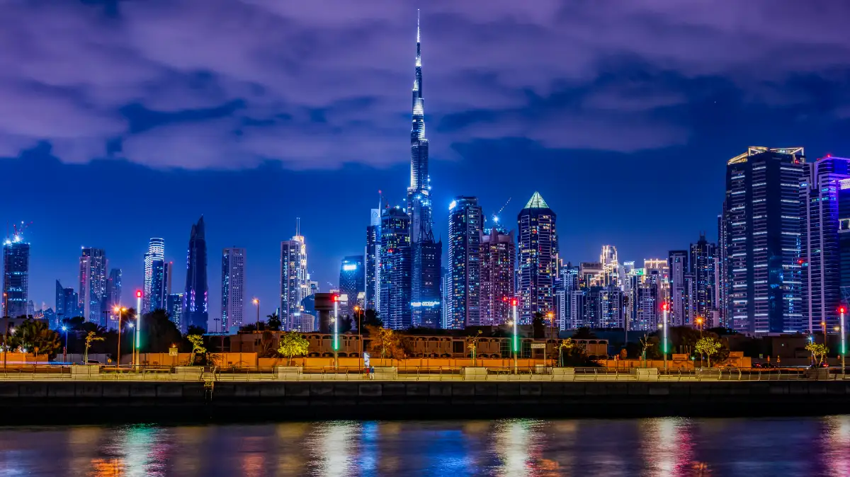 Dubai skyline with Burj Khalifa and the Creek waterway; a symbol of a dynamic city and smart towers
